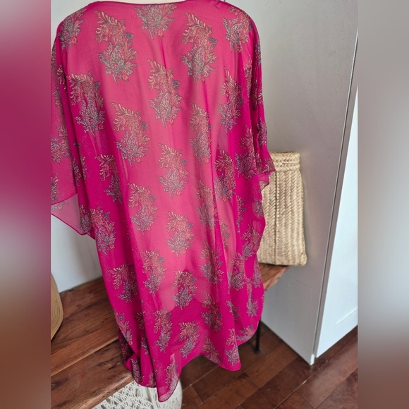 Sheer Beach Cover Up In Hot Pink With Floral Accents - Picture 3 of 5